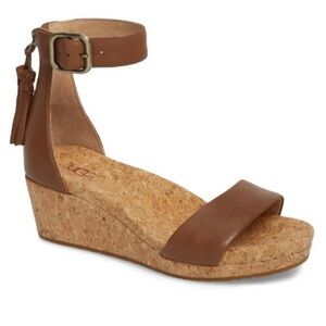 UGG Australia Zoe Brown Tassel Open Toe Wedge Leather Sandals